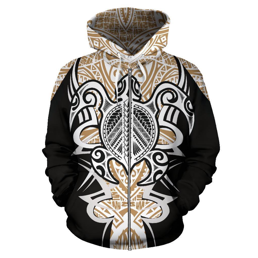 Zip Up Hoodie Tonga Turtle Polynesian Gold And White - Armor Style - Vibe Hoodie Shop