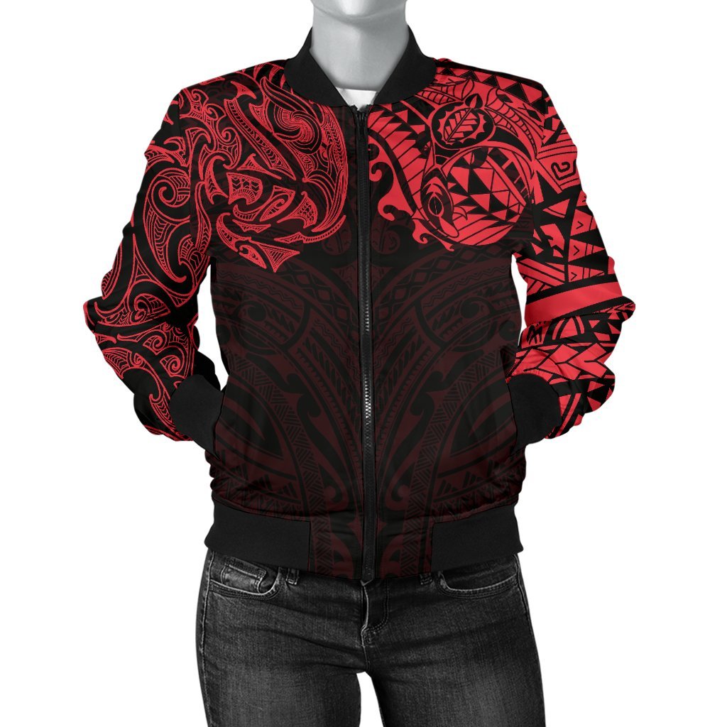 New Zealand Women's Bomber Jacket, Maori Polynesian Tattoo Red - Vibe Hoodie Shop