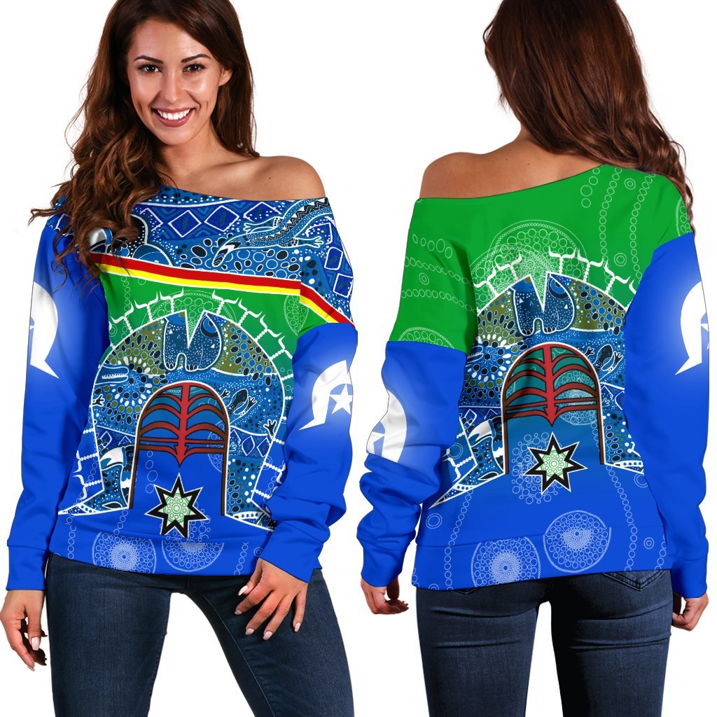 Women's Off Shoulder - Torres Strait Symbol With Aboriginal Patterns - Vibe Hoodie Shop