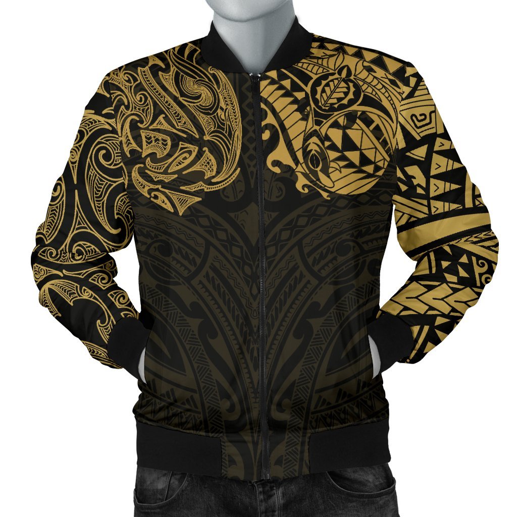 New Zealand Men's Bomber Jacket, Maori Polynesian Tattoo Gold - Vibe Hoodie Shop