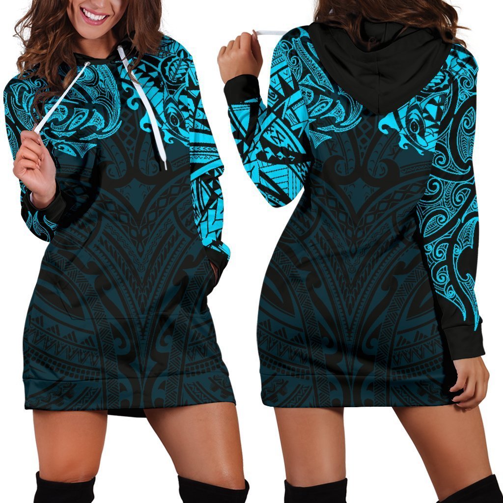 New Zealand Women's Hoodie Dress, Maori Polynesian Tattoo Blue - Vibe Hoodie Shop