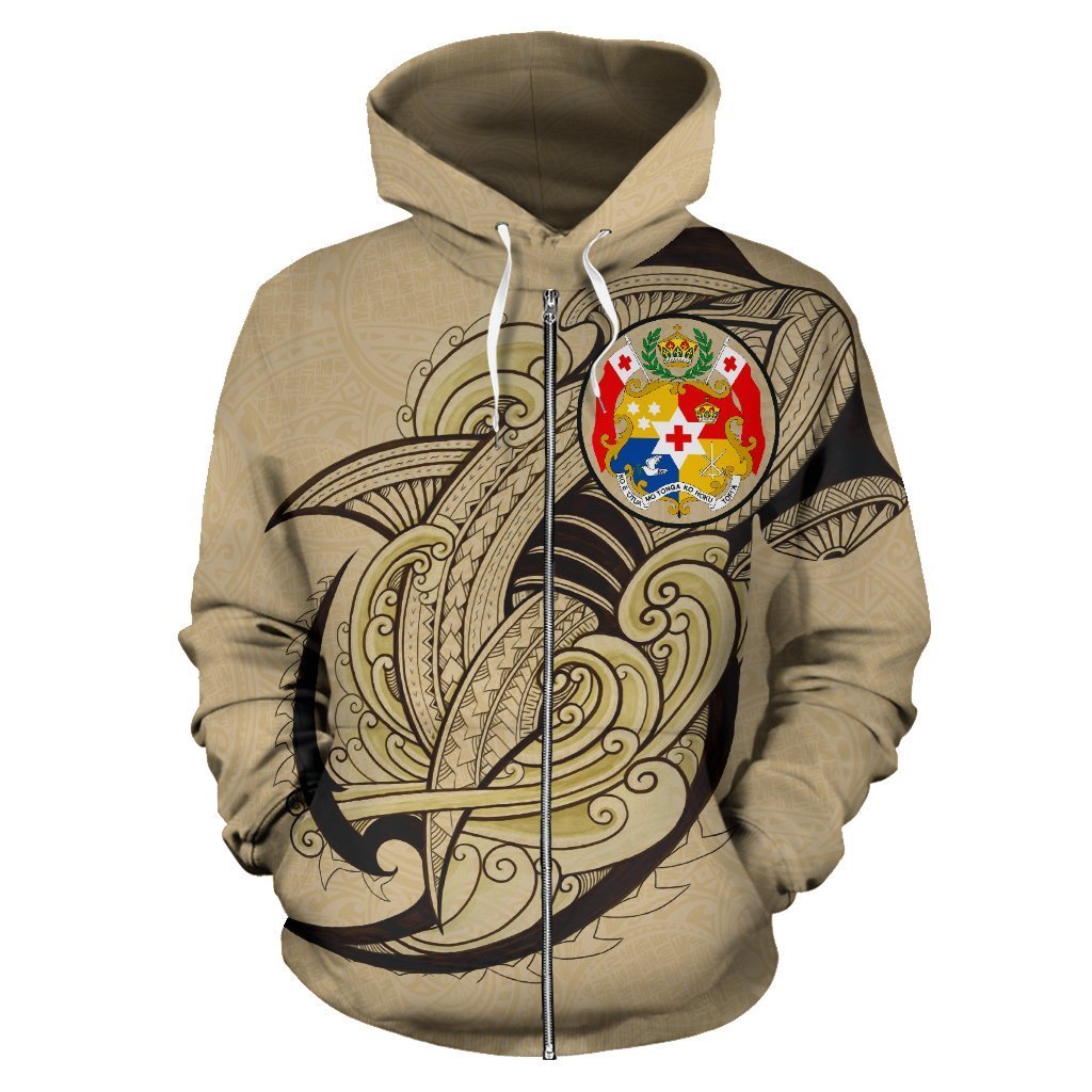 Zip Up Hoodie Tonga - Polynesian Shark Pattern Gold Color - Vibe Hoodie Shop