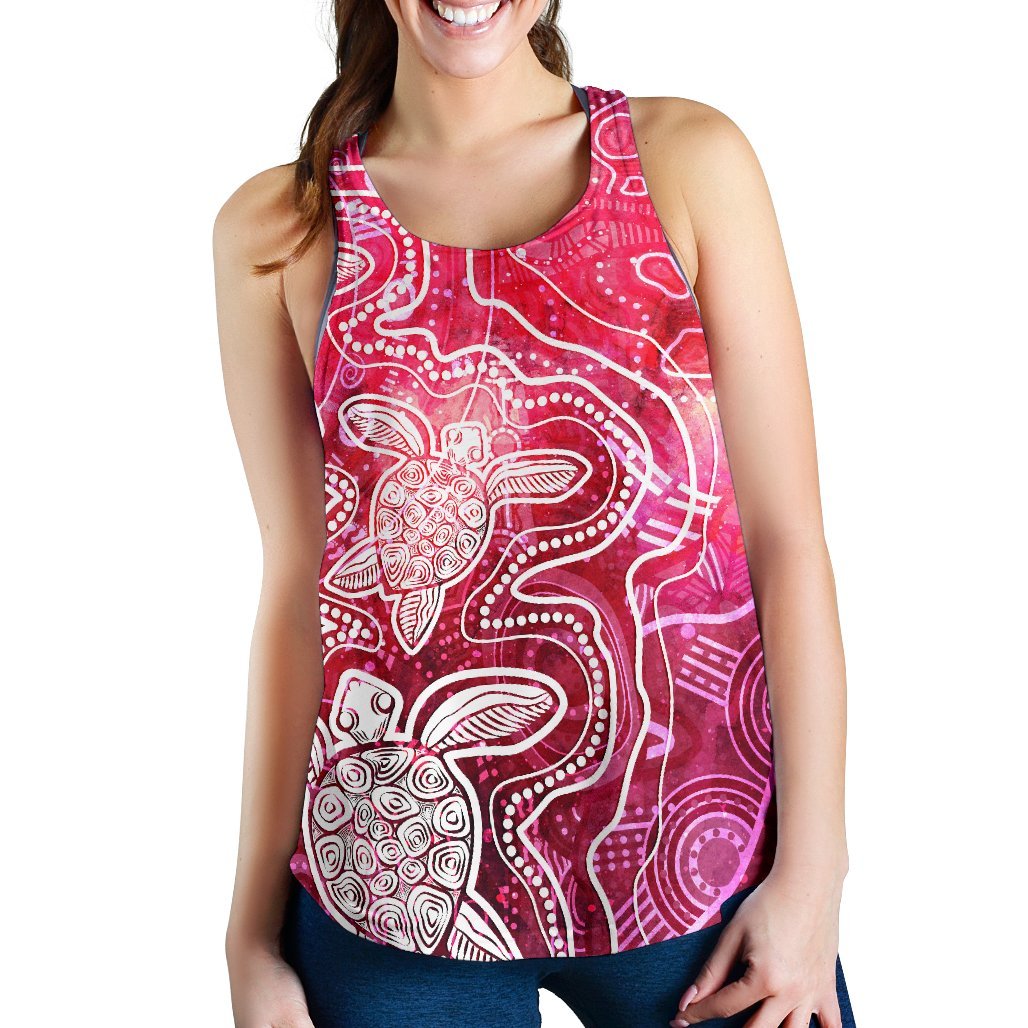 Aboriginal Women's Racerback Tank - Sea Turtle With Indigenous Patterns (Pink) - Vibe Hoodie Shop