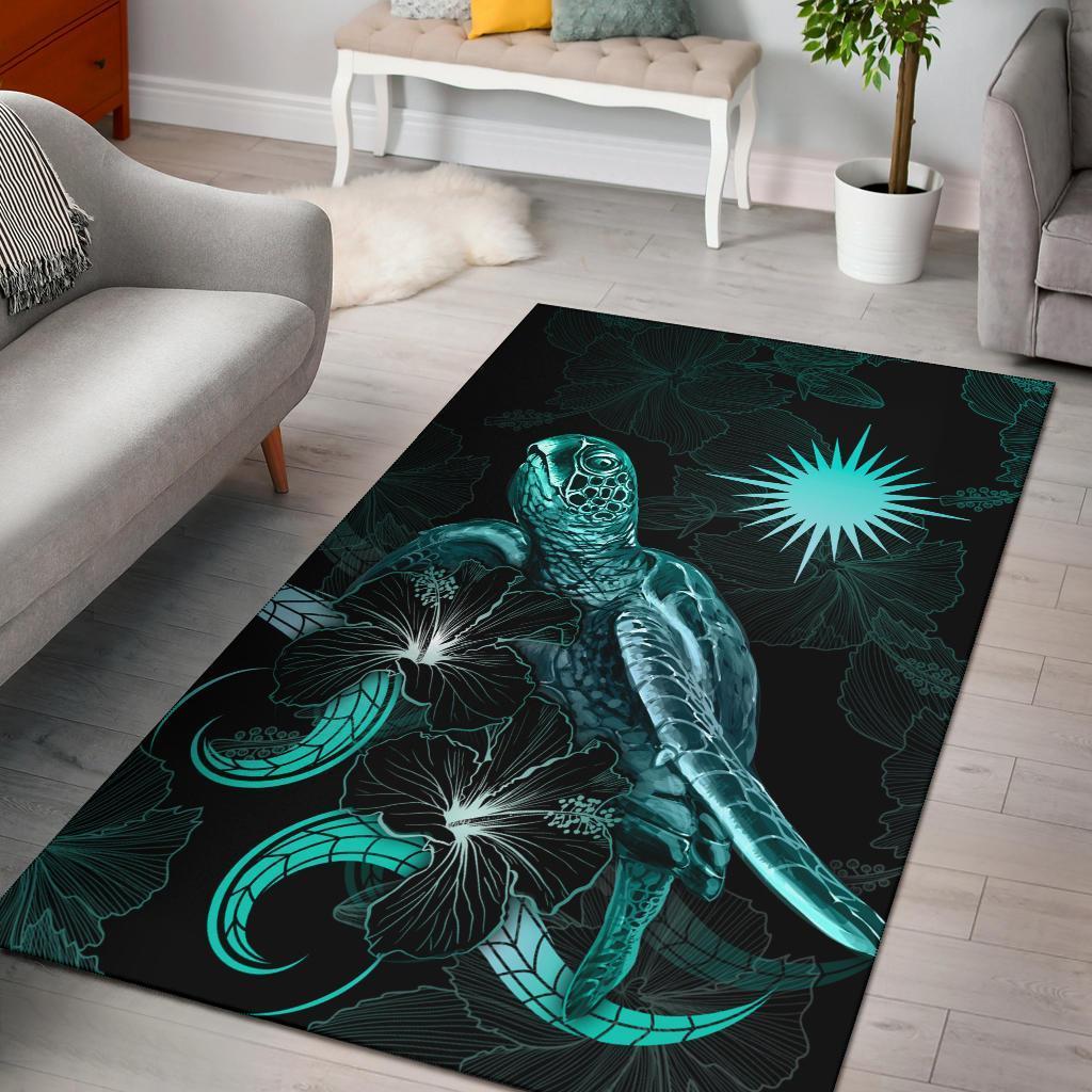 Marshall Islands Polynesian Area Rugs - Turtle With Blooming Hibiscus Turquoise - Vibe Hoodie Shop