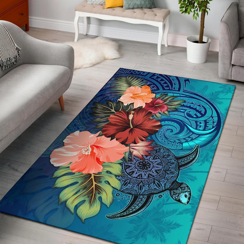 Turtle Polynesian Area Rug Hibiscus Polynesian Blue - Vibe Hoodie Shop