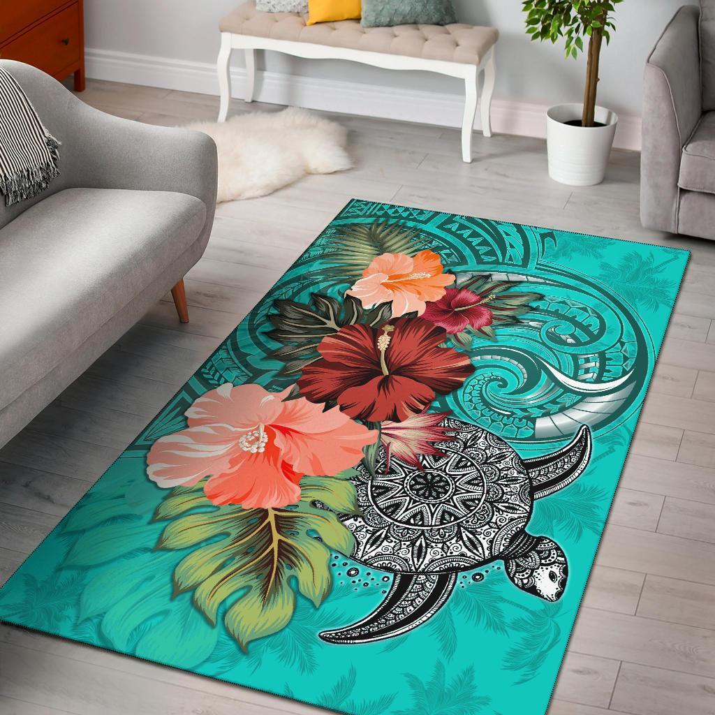 Turtle Polynesian Area Rug Hibiscus Polynesian Turquoise - Vibe Hoodie Shop