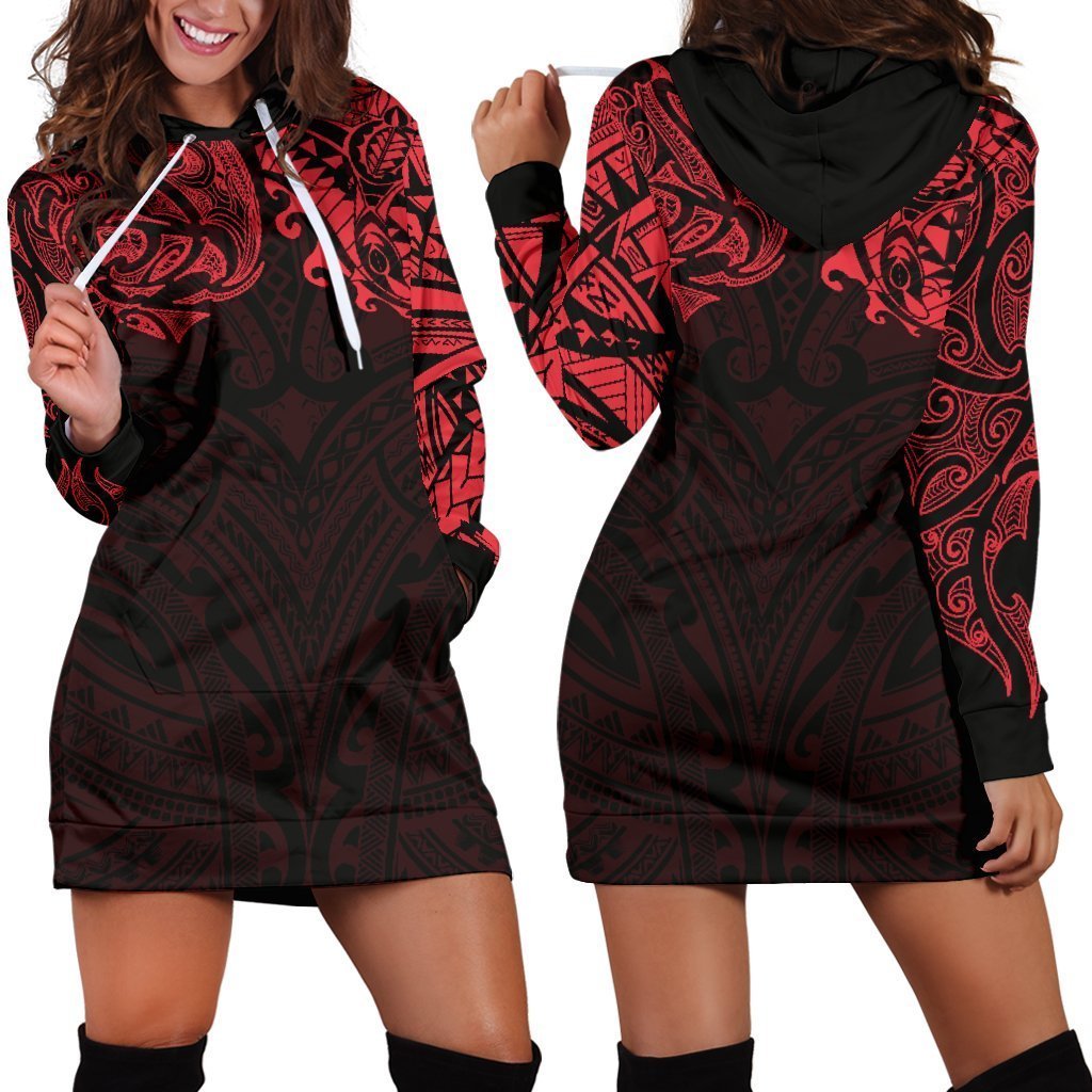 New Zealand Women's Hoodie Dress, Maori Polynesian Tattoo Red - Vibe Hoodie Shop