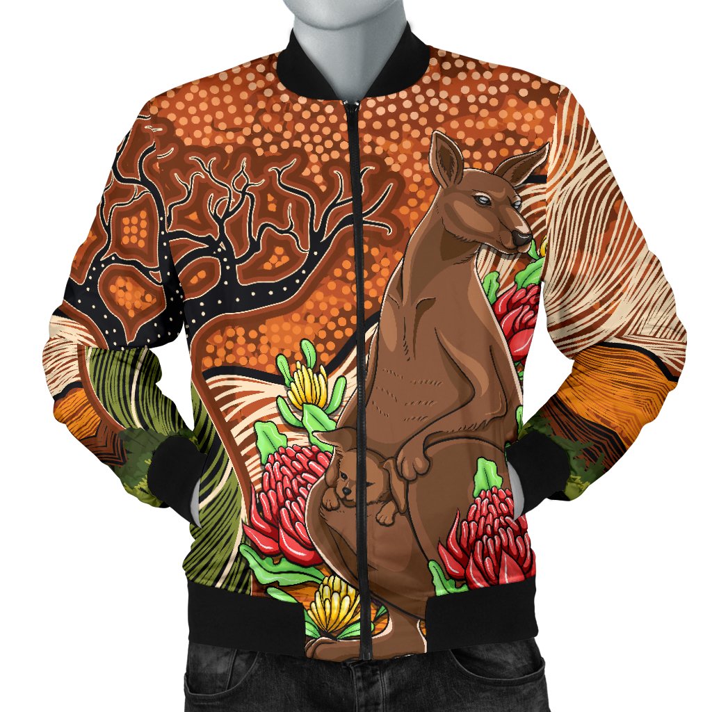 Aboriginal Men's Bomber Jacket - Kangaroo With Indigenous Tree - Vibe Hoodie Shop