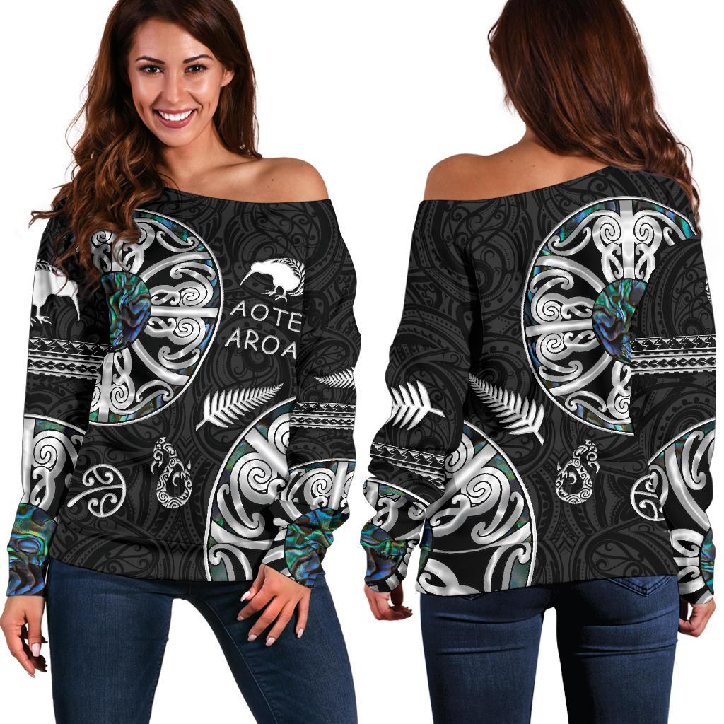 New Zealand Aotearoa Women Off Shoulder Sweater, Maori Mangopare Paua Shell - Vibe Hoodie Shop