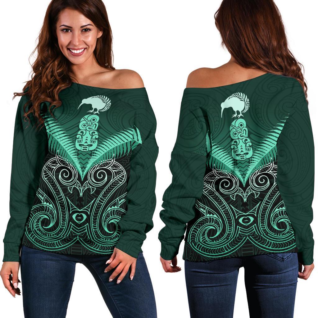 Maori Manaia New Zealand Off Shoulder Sweater Turquoise - Vibe Hoodie Shop