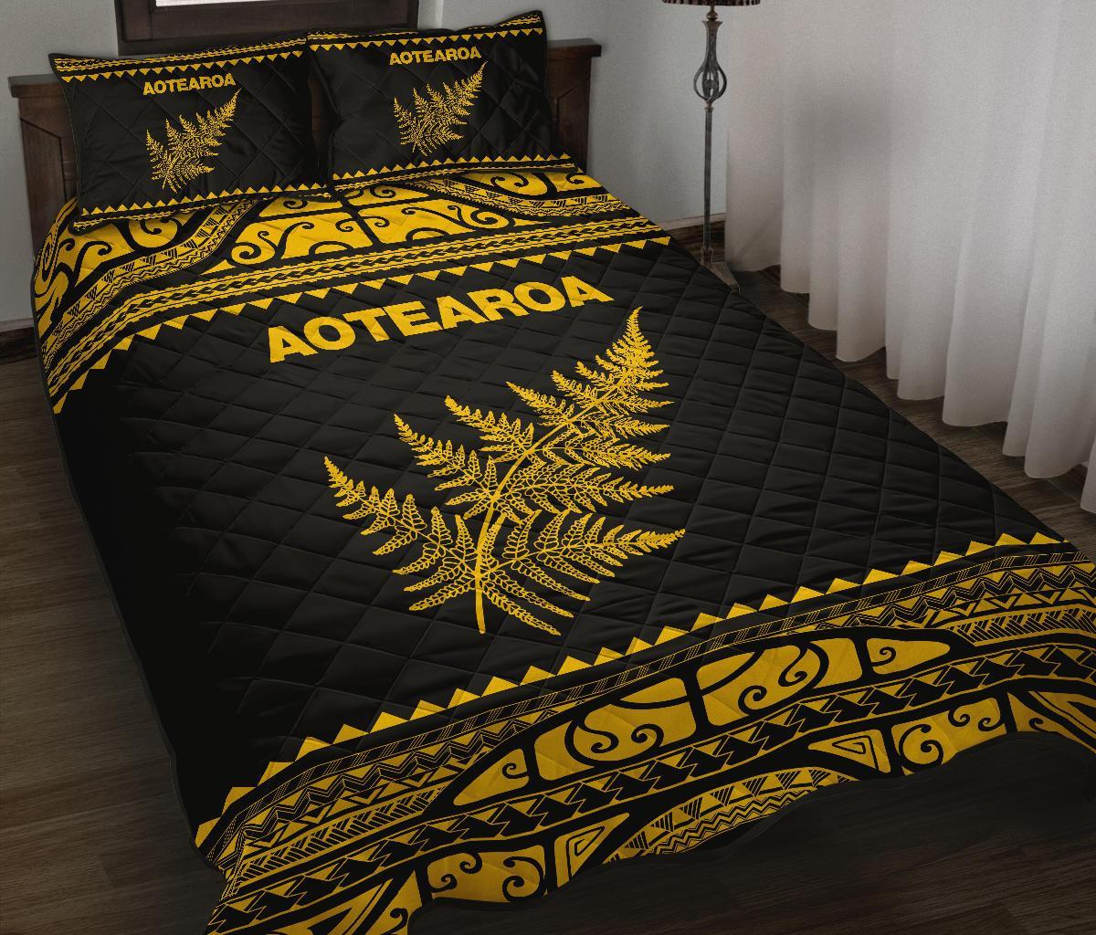 Aotearoa New Zealand Maori Quilt Bed Set Silver Fern Yellow - Vibe Hoodie Shop