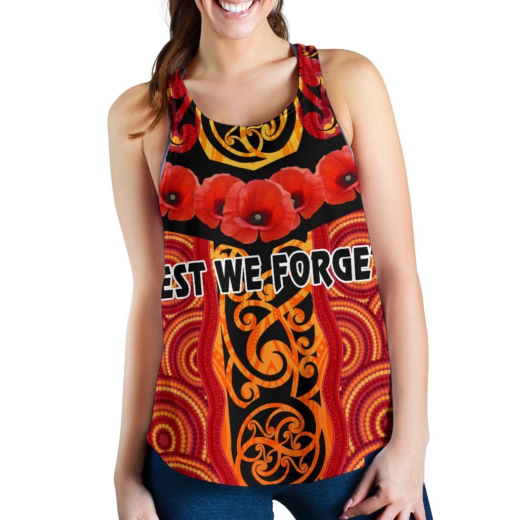 ANZAC Lest We Forget Poppy Women Racerback Tank New Zealand Maori Silver Fern - Australia Aboriginal - Vibe Hoodie Shop