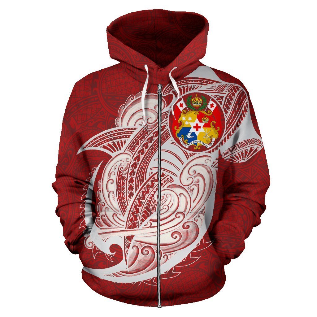 Zip Up Hoodie Tonga - Polynesian Shark Pattern Red Color - Vibe Hoodie Shop