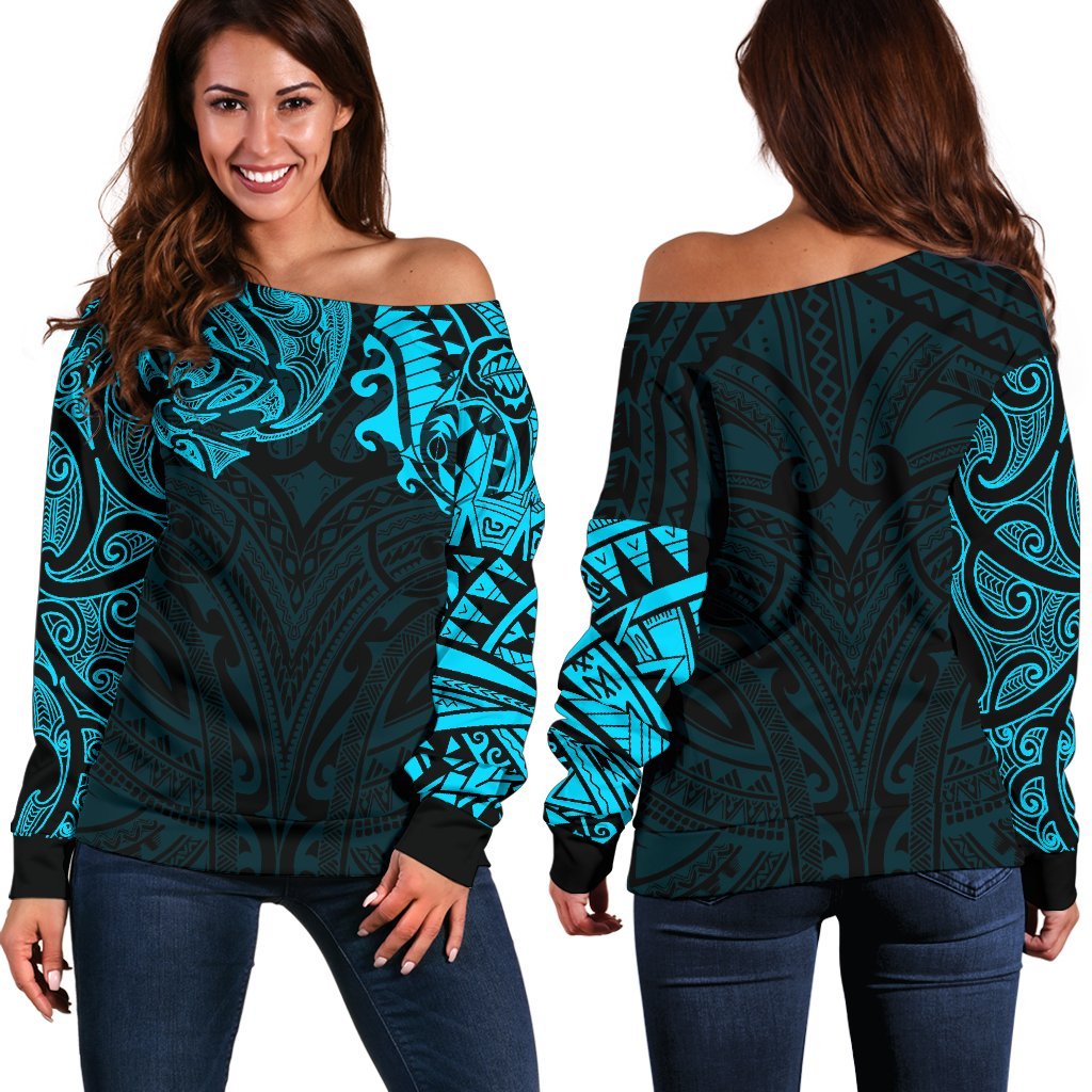 New Zealand Women's Off Shoulder Sweater, Maori Polynesian Tattoo Blue - Vibe Hoodie Shop