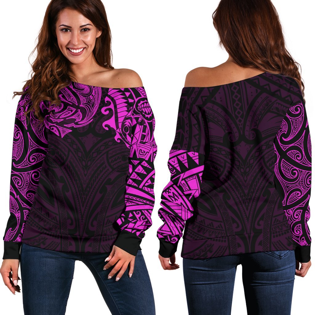 New Zealand Women's Off Shoulder Sweater, Maori Polynesian Tattoo Purple - Vibe Hoodie Shop