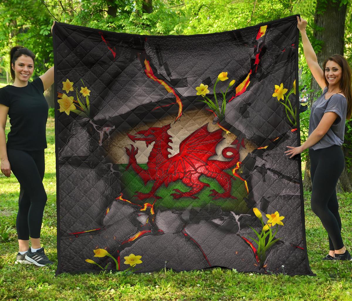 Wales Premium Quilt - Welsh Dragon Daffodil Lava - Vibe Hoodie Shop
