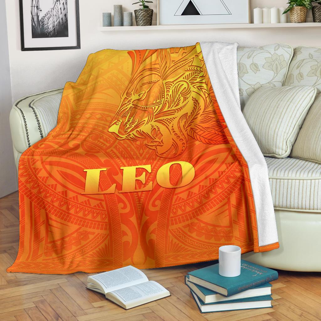 Sun In Leo Zodiac Premium Blanket Polynesian Tattoo Simple - Orange - Vibe Hoodie Shop