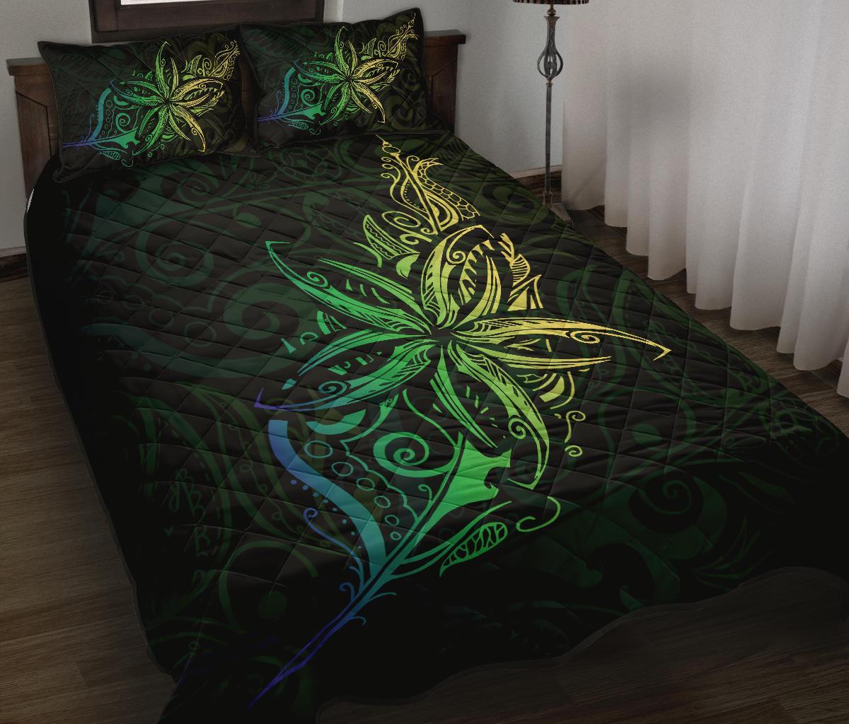 New Zealand Light Silver Fern X Frangipani Tattoo Quilt Bedding Sets - Green - Vibe Hoodie Shop