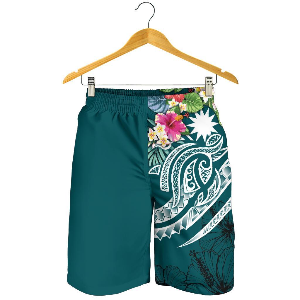 Nauru Polynesian Men's Shorts - Summer Plumeria (Turquoise) - Vibe Hoodie Shop