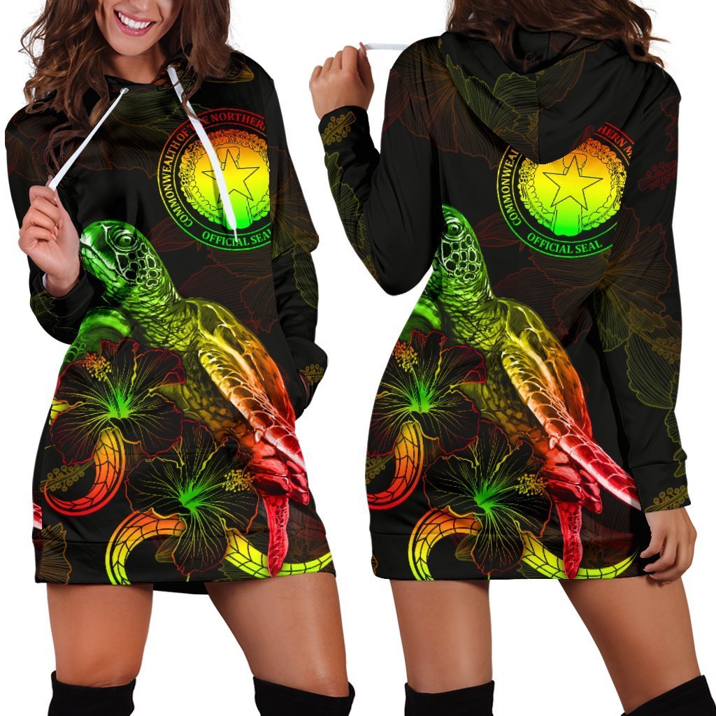 CNMI Polynesian Hoodie Dress - Turtle With Blooming Hibiscus Reggae - Vibe Hoodie Shop