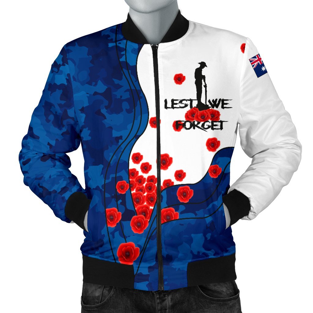 ANZAC Lest We Forget Men's Bomber Jacket - Australian Flag Blue - - Vibe Hoodie Shop