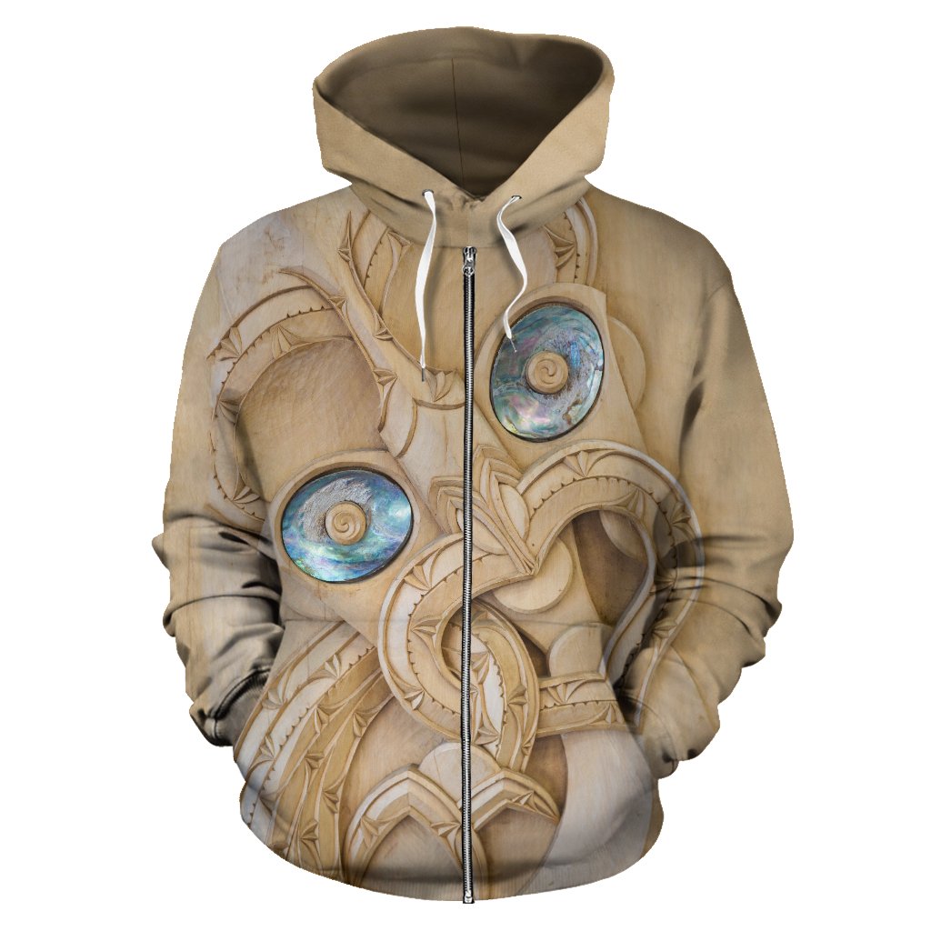 New Zealand Maori Zip Hoodie, Tiki With Paua Shell Eyes Full Zip Hoodie - Vibe Hoodie Shop