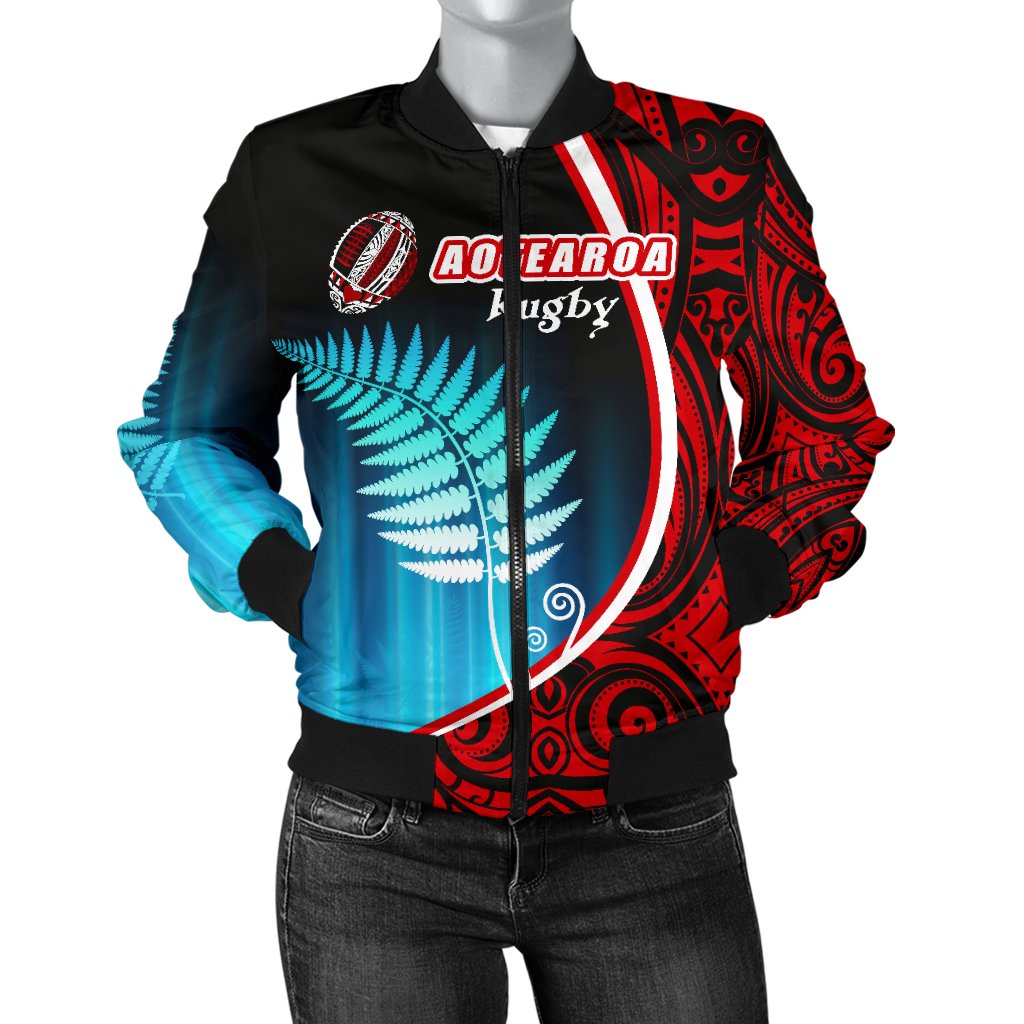 Aotearoa Rugby Black Maori Women Bomber Jacket Kiwi and Silver Fern New Zealand - Vibe Hoodie Shop