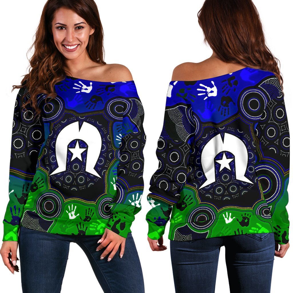 Aboriginal Women's Off Shoulder Sweater - Torres Strait Symbol With Indigenous Patterns - Vibe Hoodie Shop