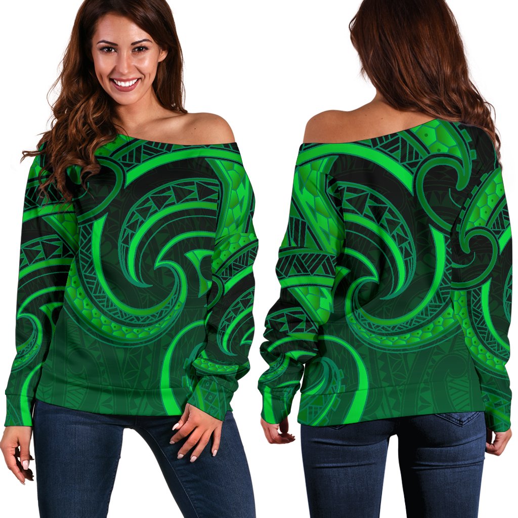 New Zealand Maori Mangopare Women Off Shoulder Sweater Polynesian - Green - Vibe Hoodie Shop