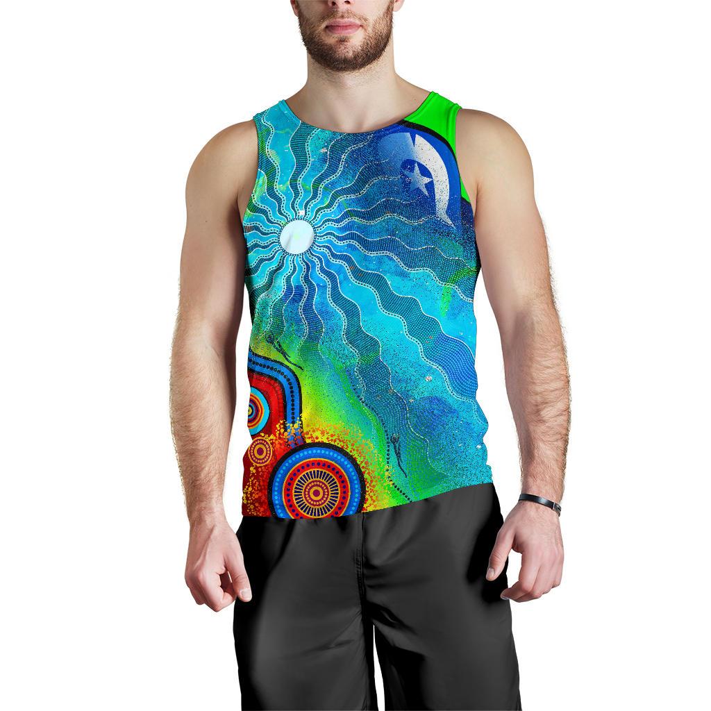 Men's Tank Top - Torres Strait Islanders Flag with Aboriginal Patterns Mens Tank - Vibe Hoodie Shop