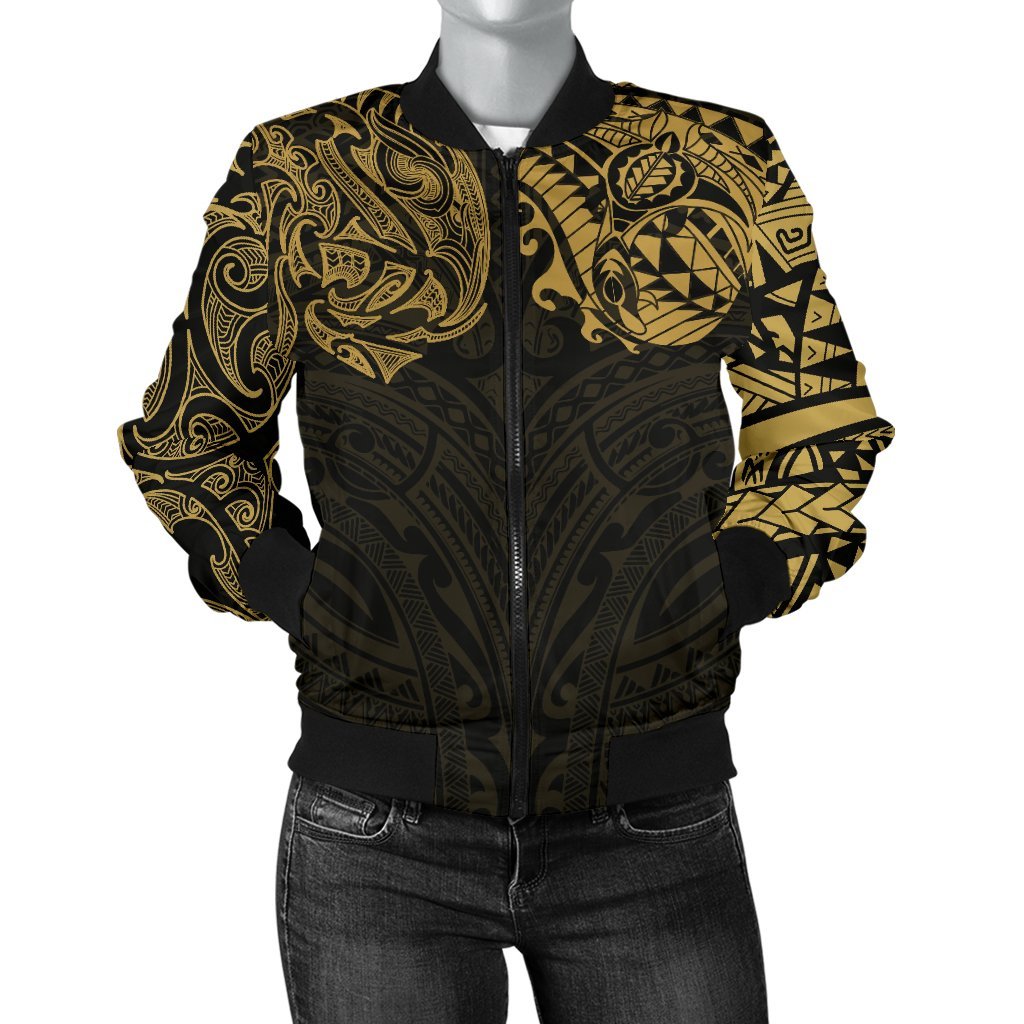 New Zealand Women's Bomber Jacket, Maori Polynesian Tattoo Gold - Vibe Hoodie Shop