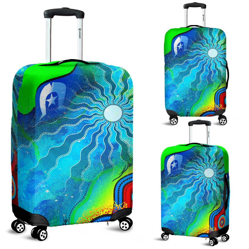 Luggage Cover - Torres Strait Islanders Flag with Aboriginal Patterns Suit Case Cover - Vibe Hoodie Shop