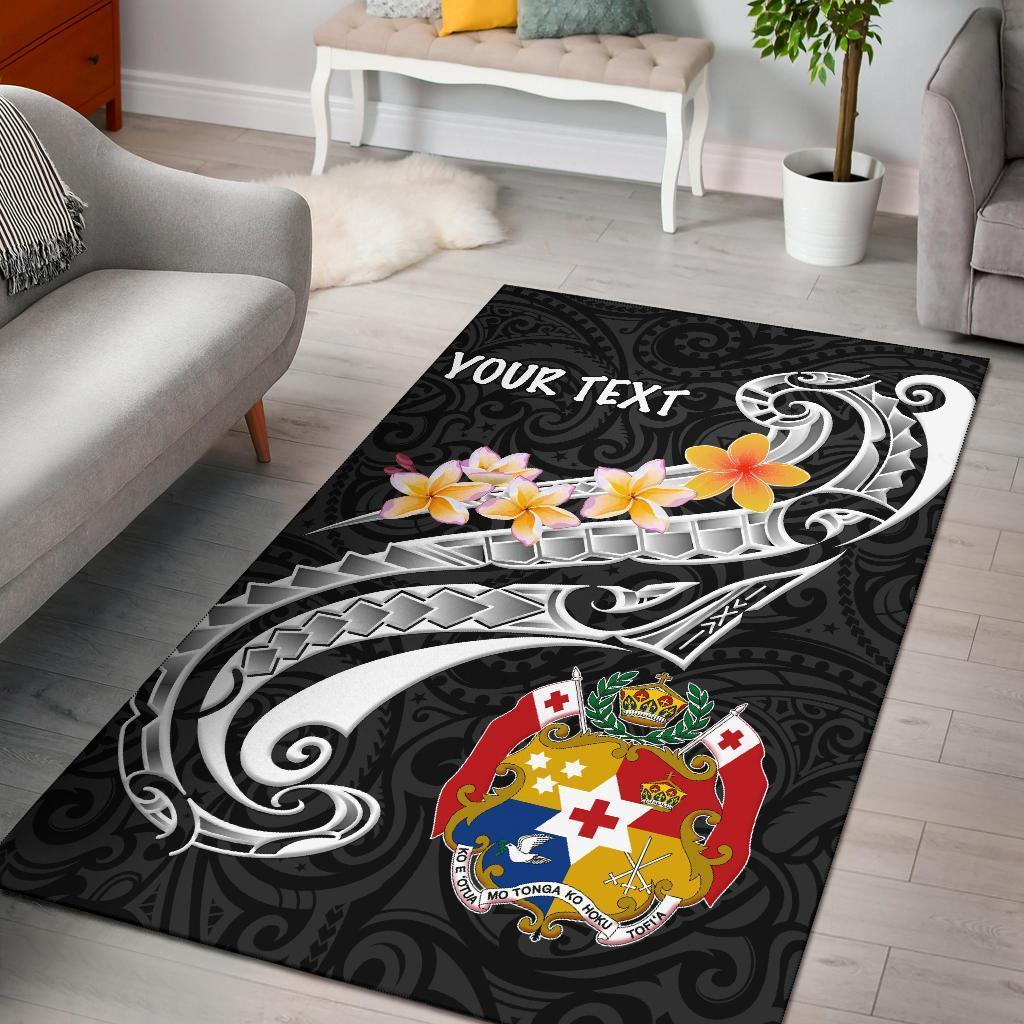 Tonga Custom Personalised Area Rug - Tonga Seal Polynesian Patterns Plumeria (Black) - Vibe Hoodie Shop