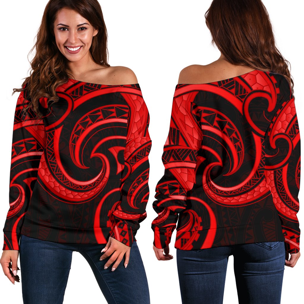 New Zealand Maori Mangopare Women Off Shoulder Sweater Polynesian - Red - Vibe Hoodie Shop