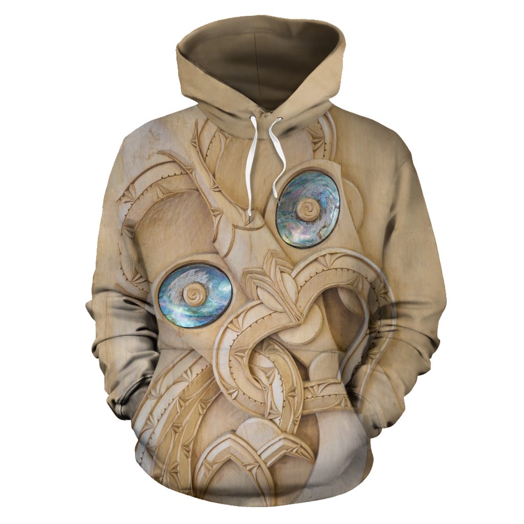 New Zealand Maori Hoodie, Tiki With Paua Shell Eyes Pullover Hoodie - Vibe Hoodie Shop