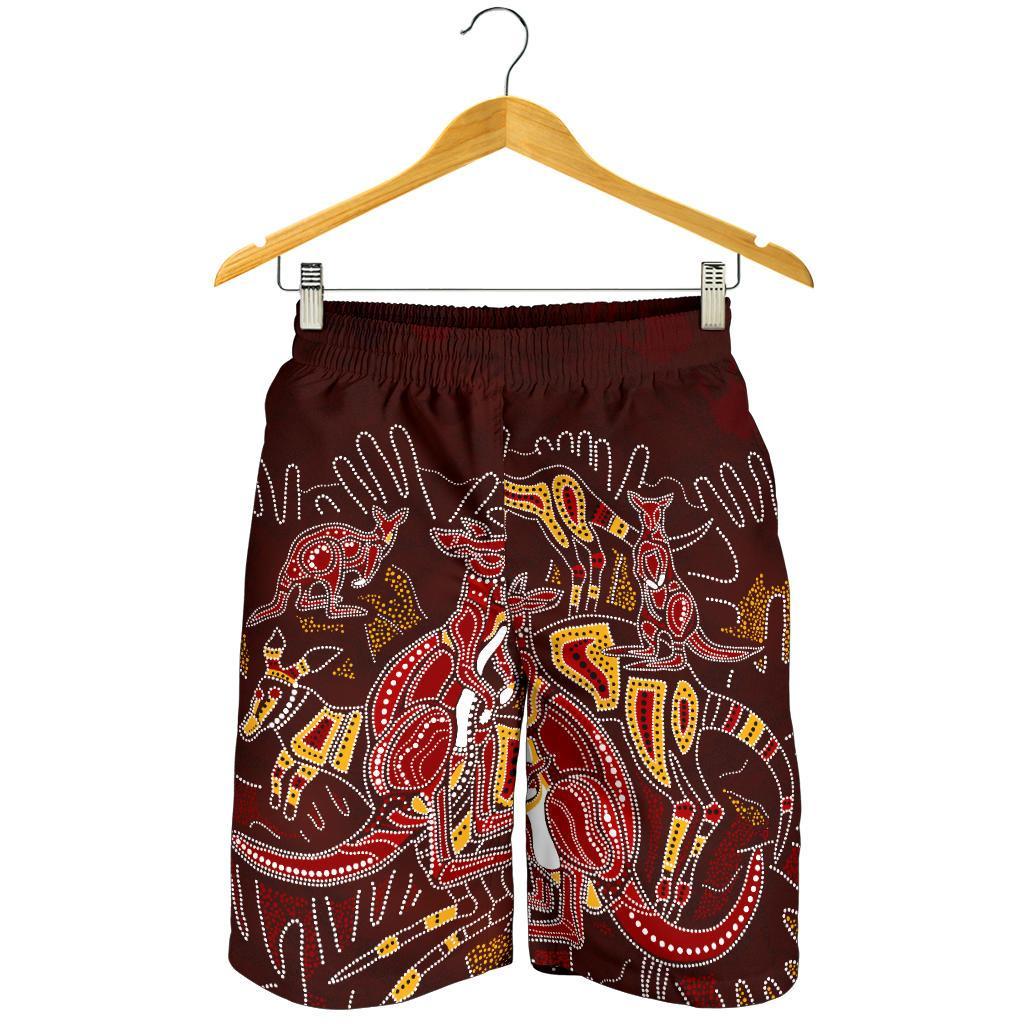 Aboriginal Men's Shorts - Kangaroo family with Hand Art - Vibe Hoodie Shop