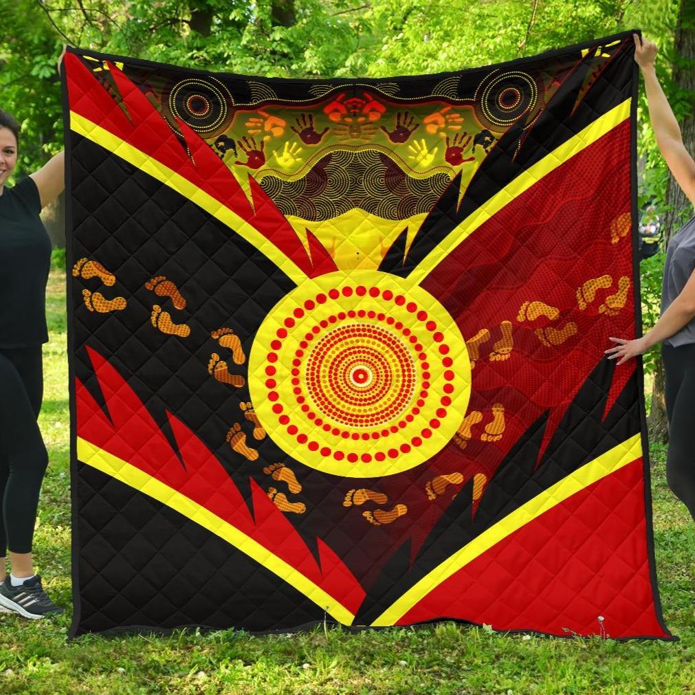 Aboriginal Premium Quilt - Indigenous Flag With Footprint Hand Art - Vibe Hoodie Shop