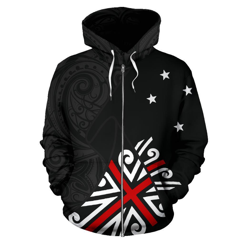 New Zealand Maori Hoodie, Black Jack Flag Full Zip Hoodie - Vibe Hoodie Shop