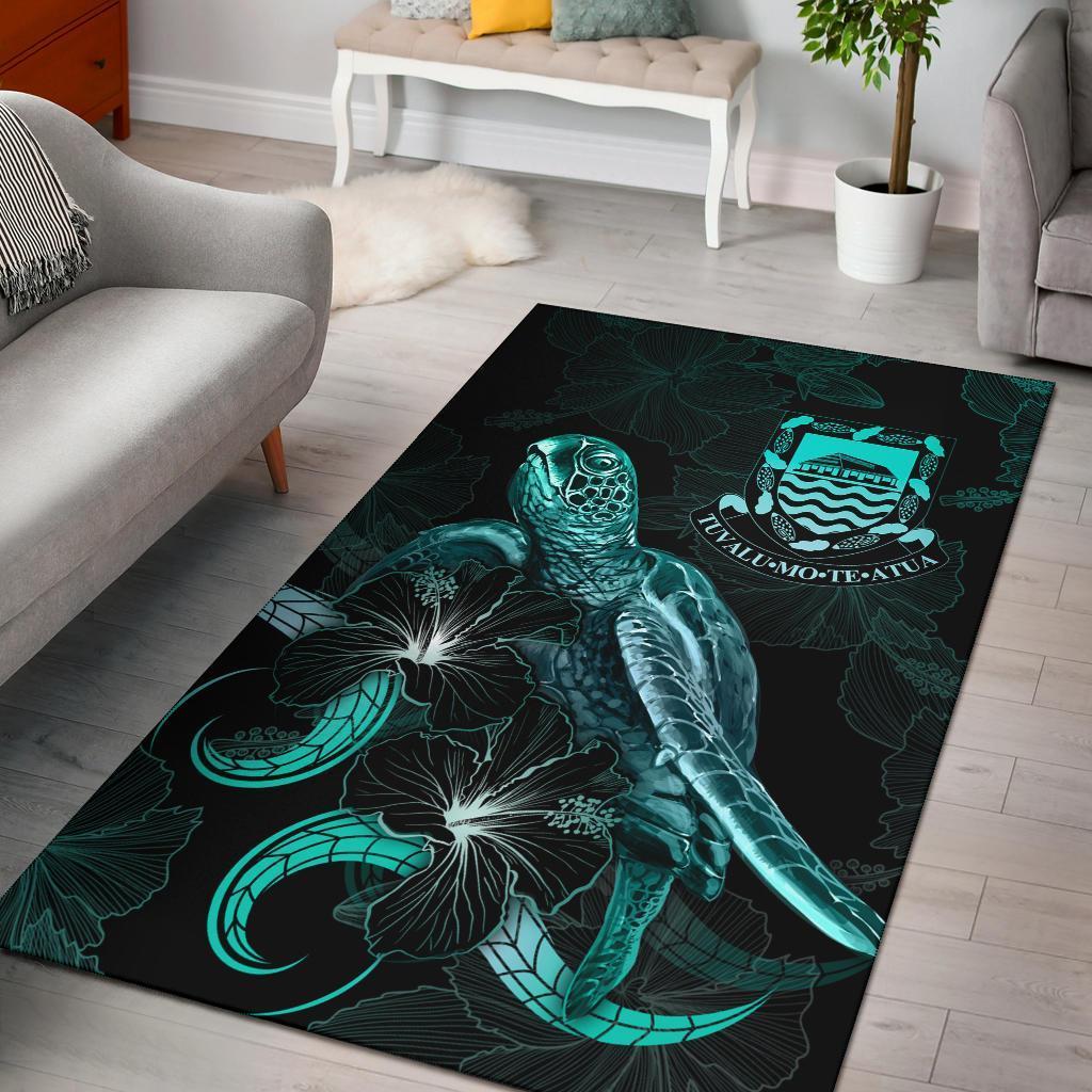 Tuvalu Polynesian Area Rugs - Turtle With Blooming Hibiscus Turquoise - Vibe Hoodie Shop