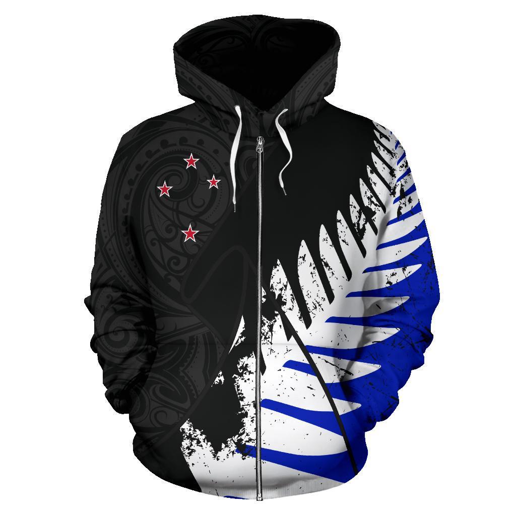 New Zealand Maori Zip Hoodie, Silver Fern Flag Full Zip Hoodie - Vibe Hoodie Shop