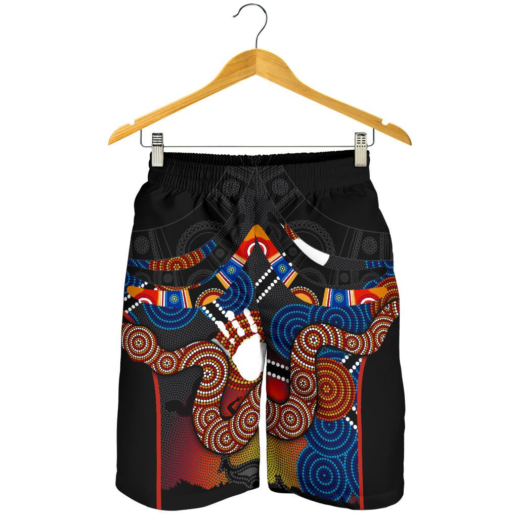 Aboriginal Men's Shorts, Australian Boomerang and Snake Indigenous Art - Vibe Hoodie Shop