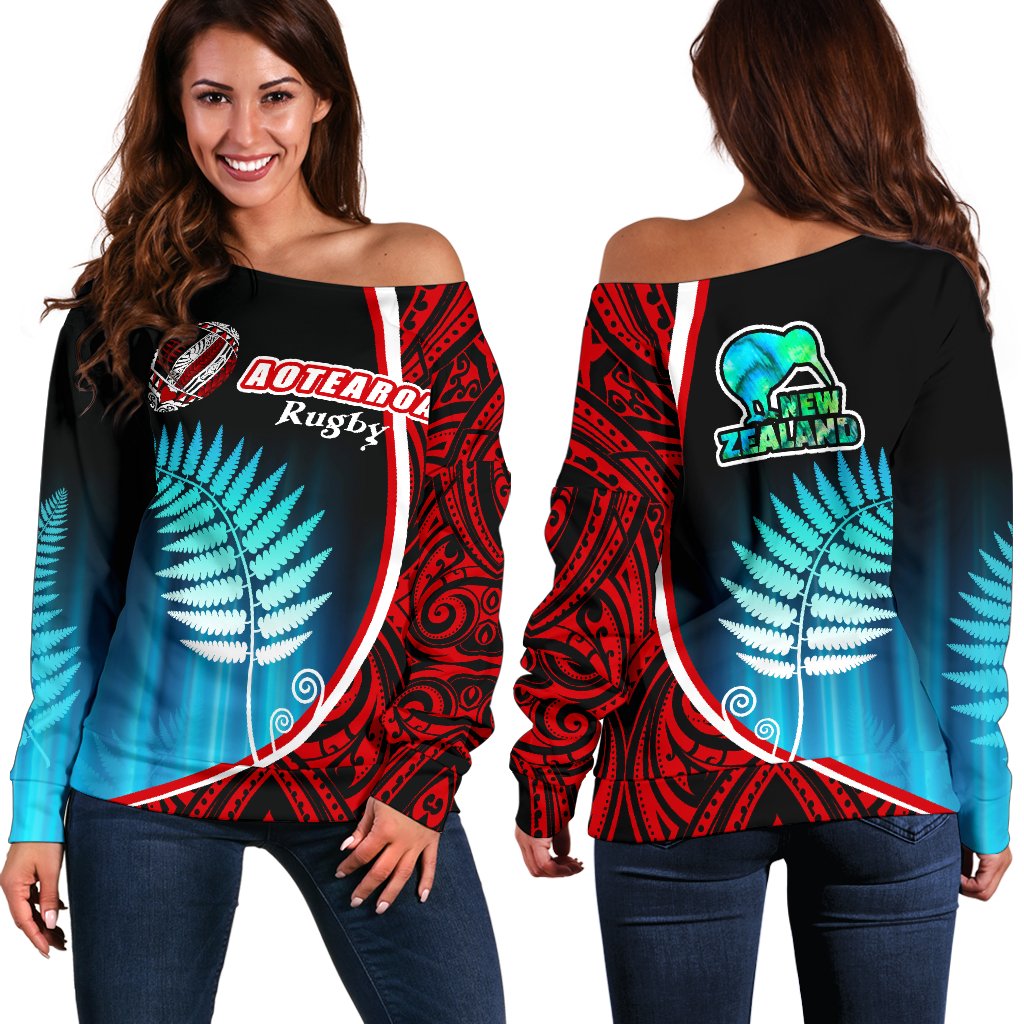 Aotearoa Rugby Black Maori Off Shoulder Sweater Kiwi and Silver Fern New Zealand - Vibe Hoodie Shop