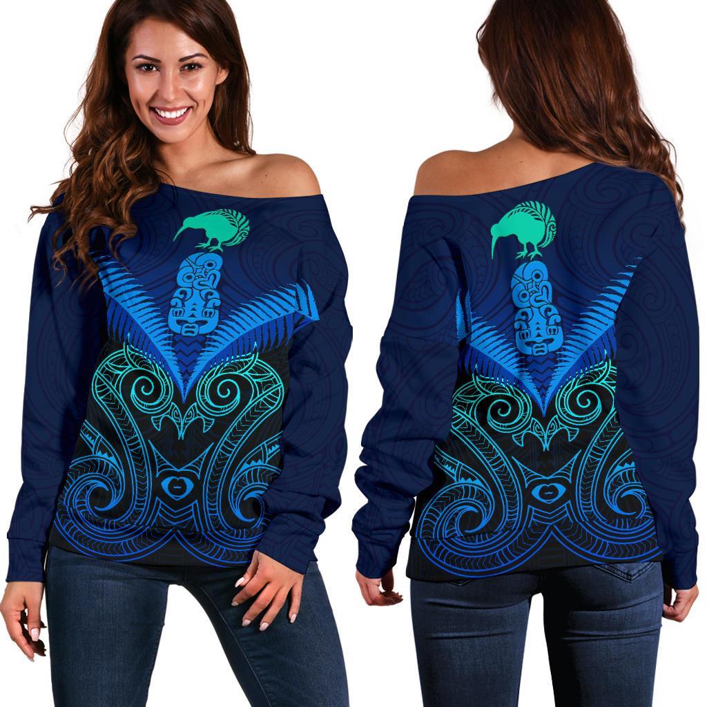 Maori Manaia New Zealand Off Shoulder Sweater Blue - Vibe Hoodie Shop