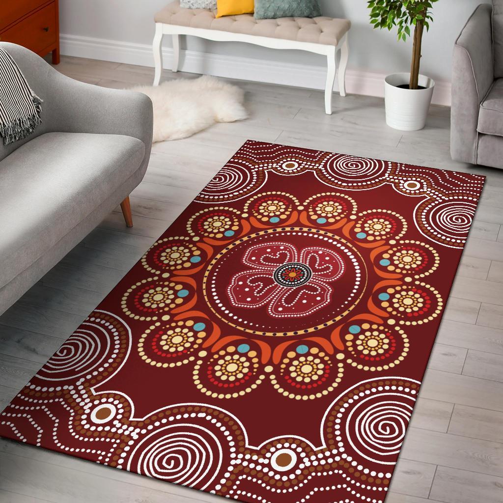 Area Rug - Aboriginal Dot Art Painting With Red Poppy Flower - Vibe Hoodie Shop