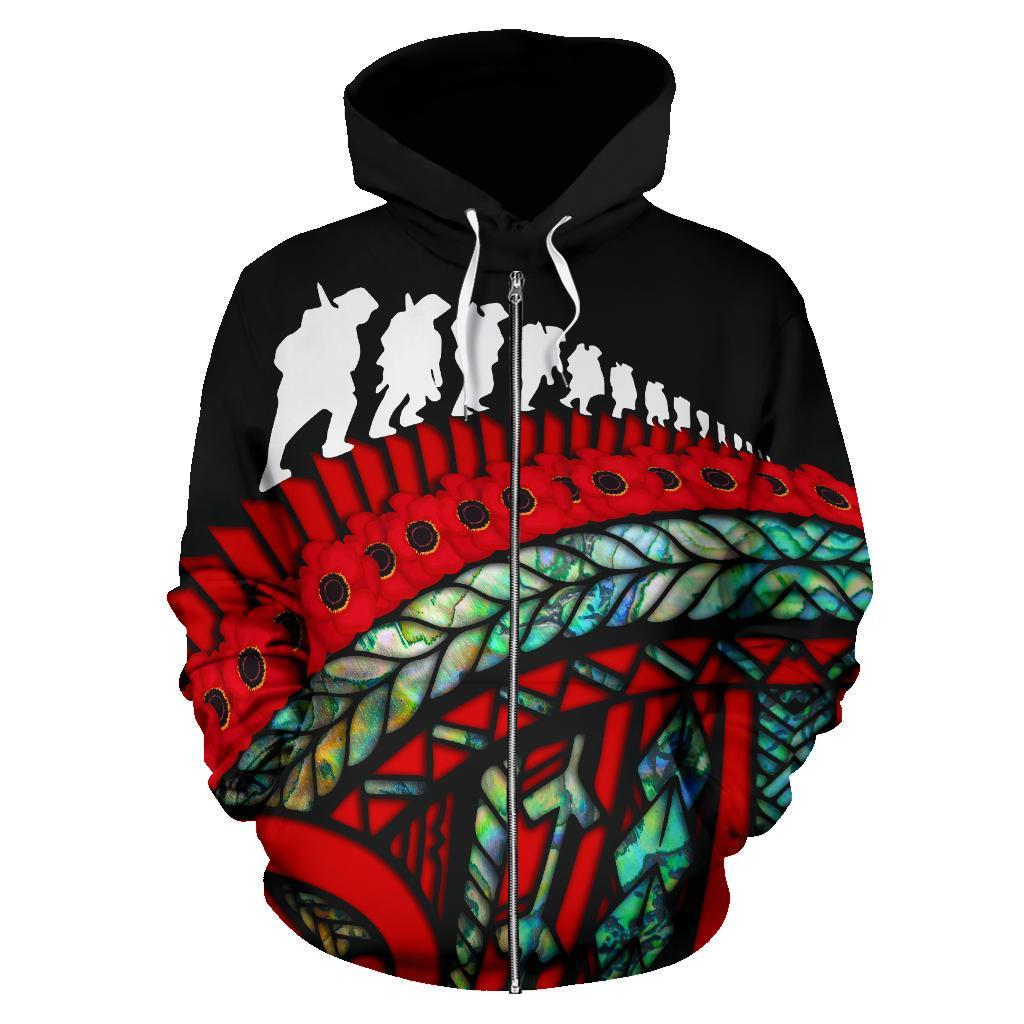 ANZAC New Zealand Zip Hoodie, Poppies Lest We Forget Maori Pullover Hoodie Soldiers Paua - Vibe Hoodie Shop