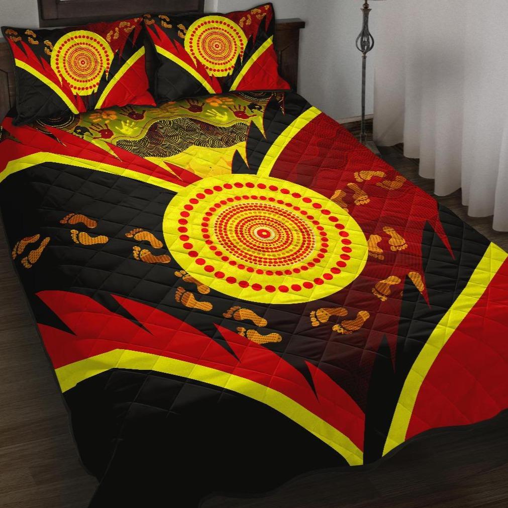 Aboriginal Quilt Bed Set - Indigenous Flag With Footprint Hand Art - Vibe Hoodie Shop