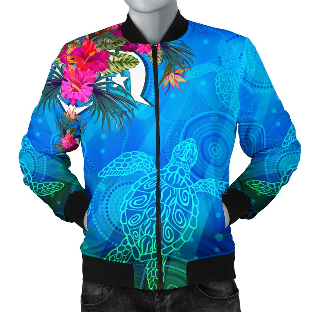 Men Bomber Jacket - Torres Strait Blue Sea With Hibiscus - Vibe Hoodie Shop