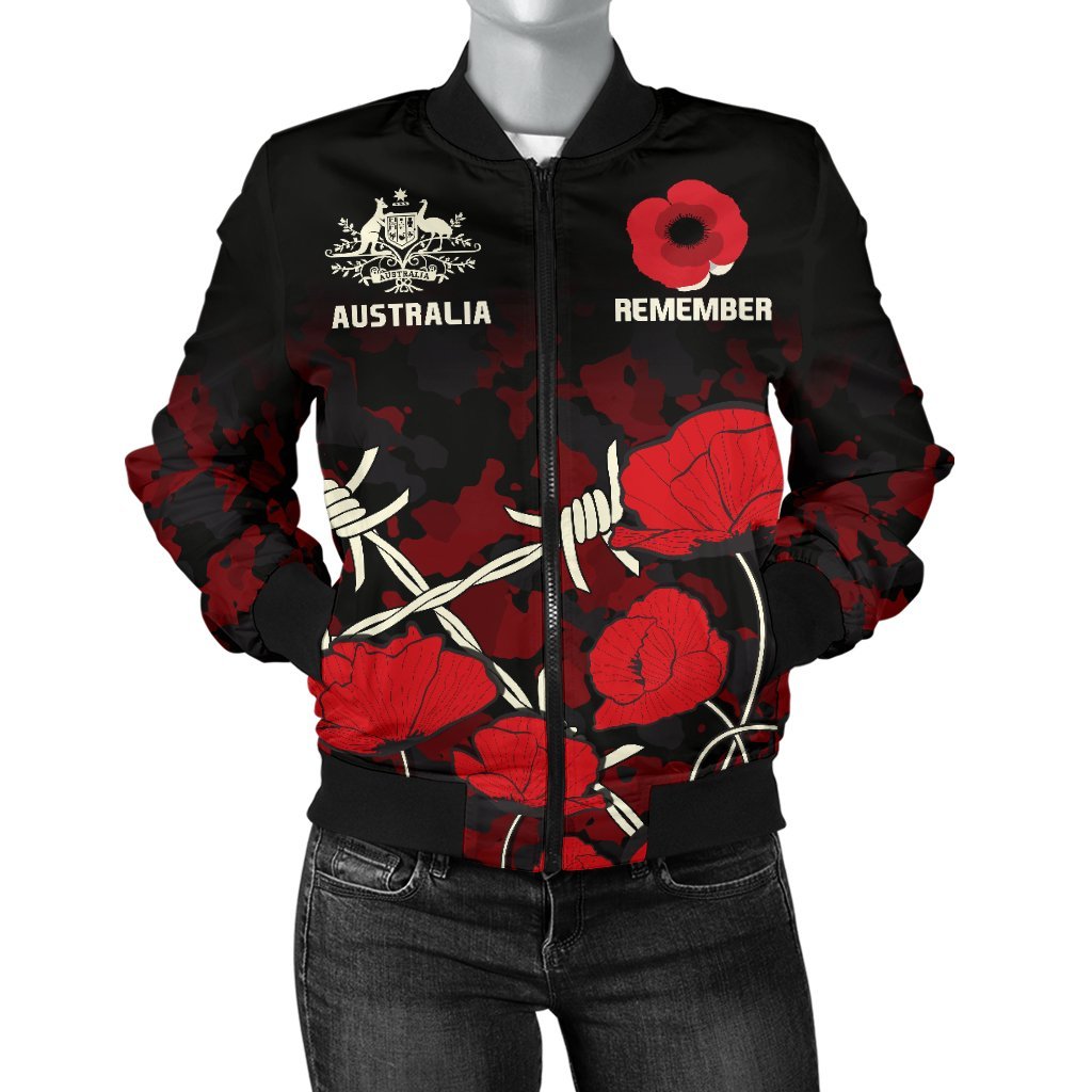 ANZAC Women's Bomber Jacket - ANZAC with Remembrance Poppy Flower - Vibe Hoodie Shop