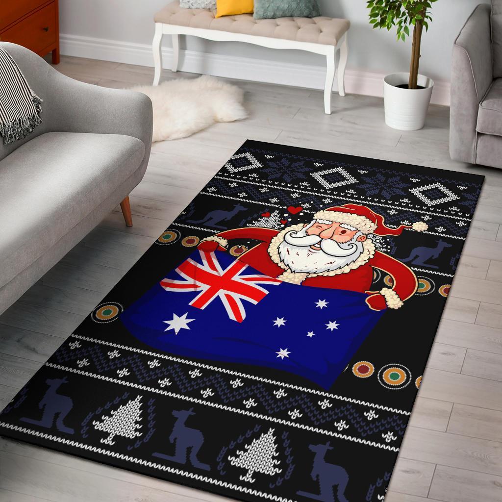 Christmas Area Rug - Australia Santa Claus Hold The Flag (Black) - Vibe Hoodie Shop