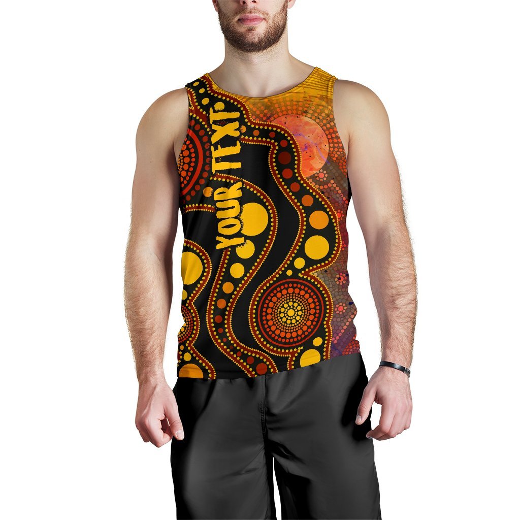 Custom Text Aboriginal Men's Tank Top - Australia Indigenous Flag Circle Dot Painting Art (Golden) - Vibe Hoodie Shop